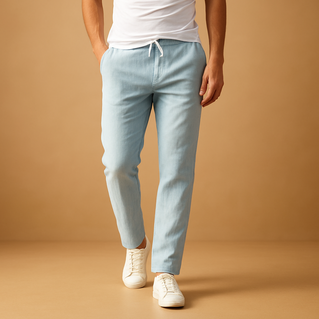 Casual herenbroek van ademend katoen met elastische tailleband in diverse kleuren, perfect voor dagelijks comfort en relaxte outfits.