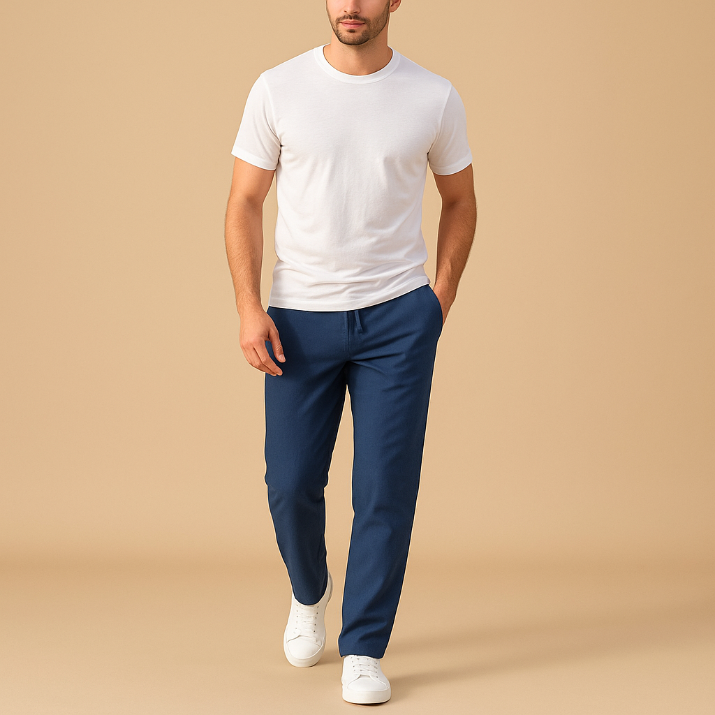 Casual herenbroek van ademend katoen met elastische tailleband in diverse kleuren, perfect voor dagelijks comfort en relaxte outfits.