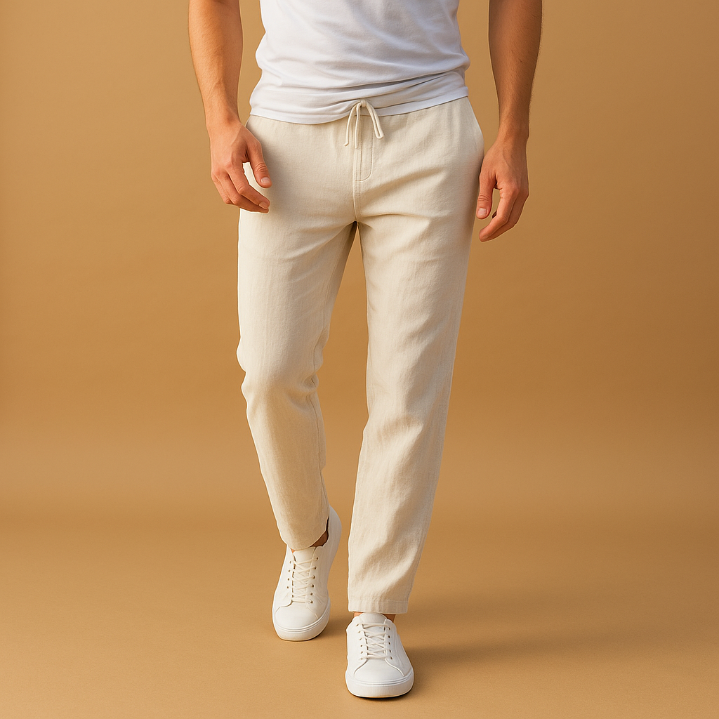 Casual herenbroek van ademend katoen met elastische tailleband in diverse kleuren, perfect voor dagelijks comfort en relaxte outfits.