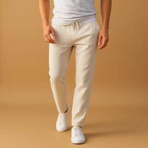 Casual herenbroek van ademend katoen met elastische tailleband in diverse kleuren, perfect voor dagelijks comfort en relaxte outfits.