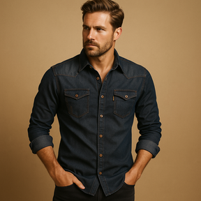 Casual katoenen shirt voor heren met lange mouwen in marineblauw, ademend en stijlvol voor zomerse dagen en dagelijks gebruik