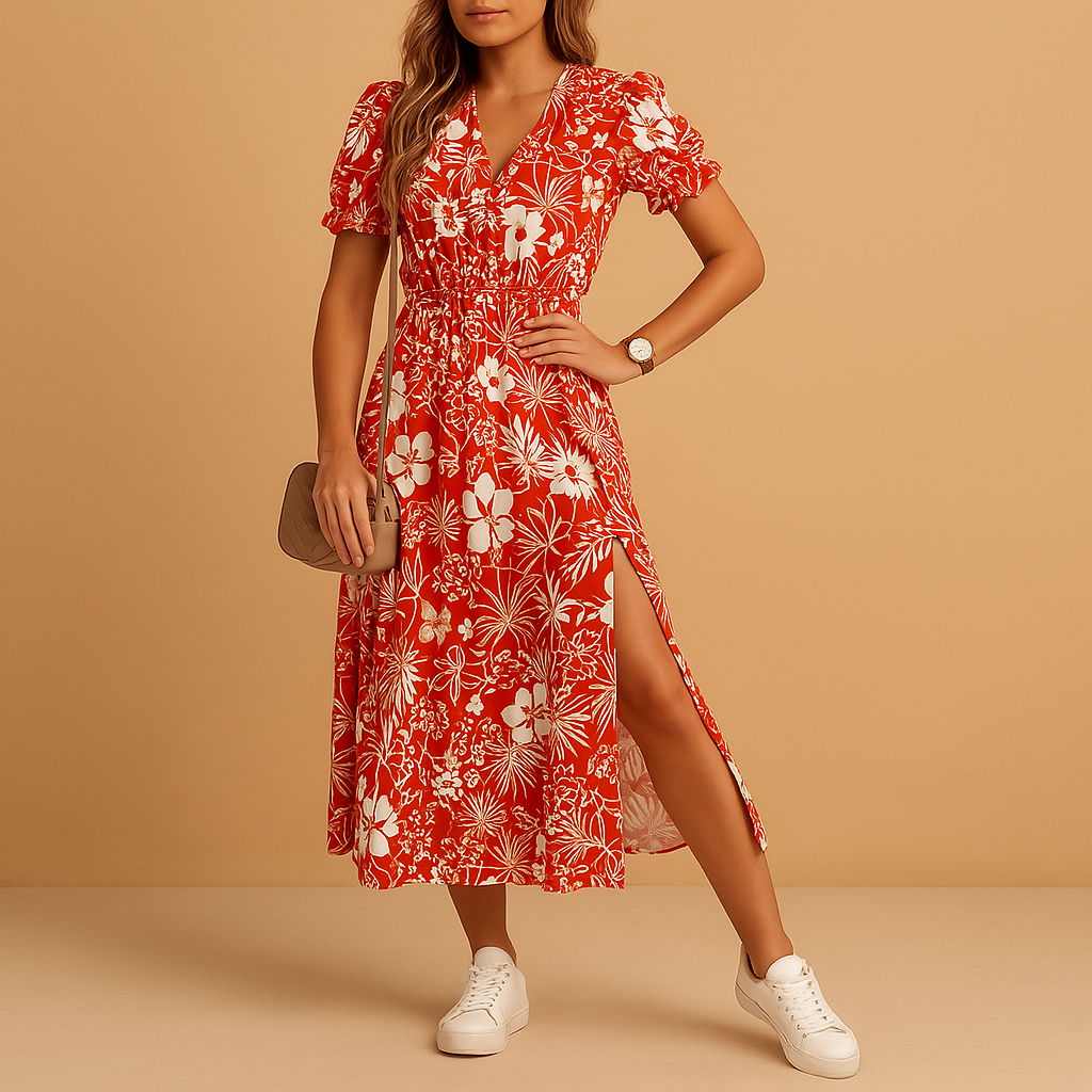 Casual maxi-jurk voor dames met V-hals, lange rok met split en opvallende print, ideaal voor zomerse gelegenheden