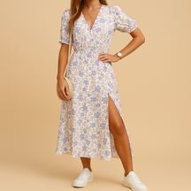 Casual maxi-jurk voor dames met V-hals, lange rok met split en opvallende print, ideaal voor zomerse gelegenheden