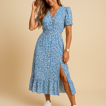 Casual maxi-jurk voor dames met V-hals, lange rok met split en opvallende print, ideaal voor zomerse gelegenheden