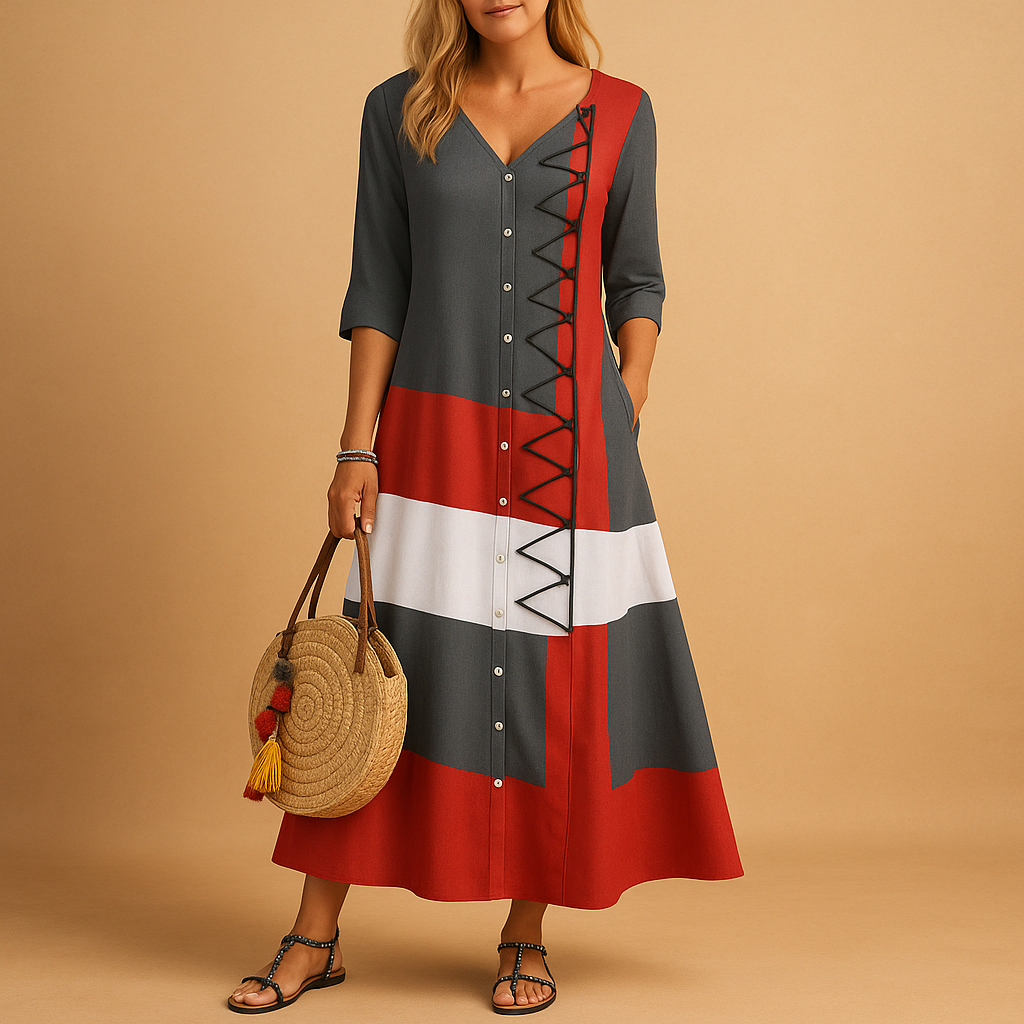 Casual midi jurk voor dames met zig-zag stiksels, middellange mouwen en knoopsluiting, ideaal voor een comfortabele dagelijkse look