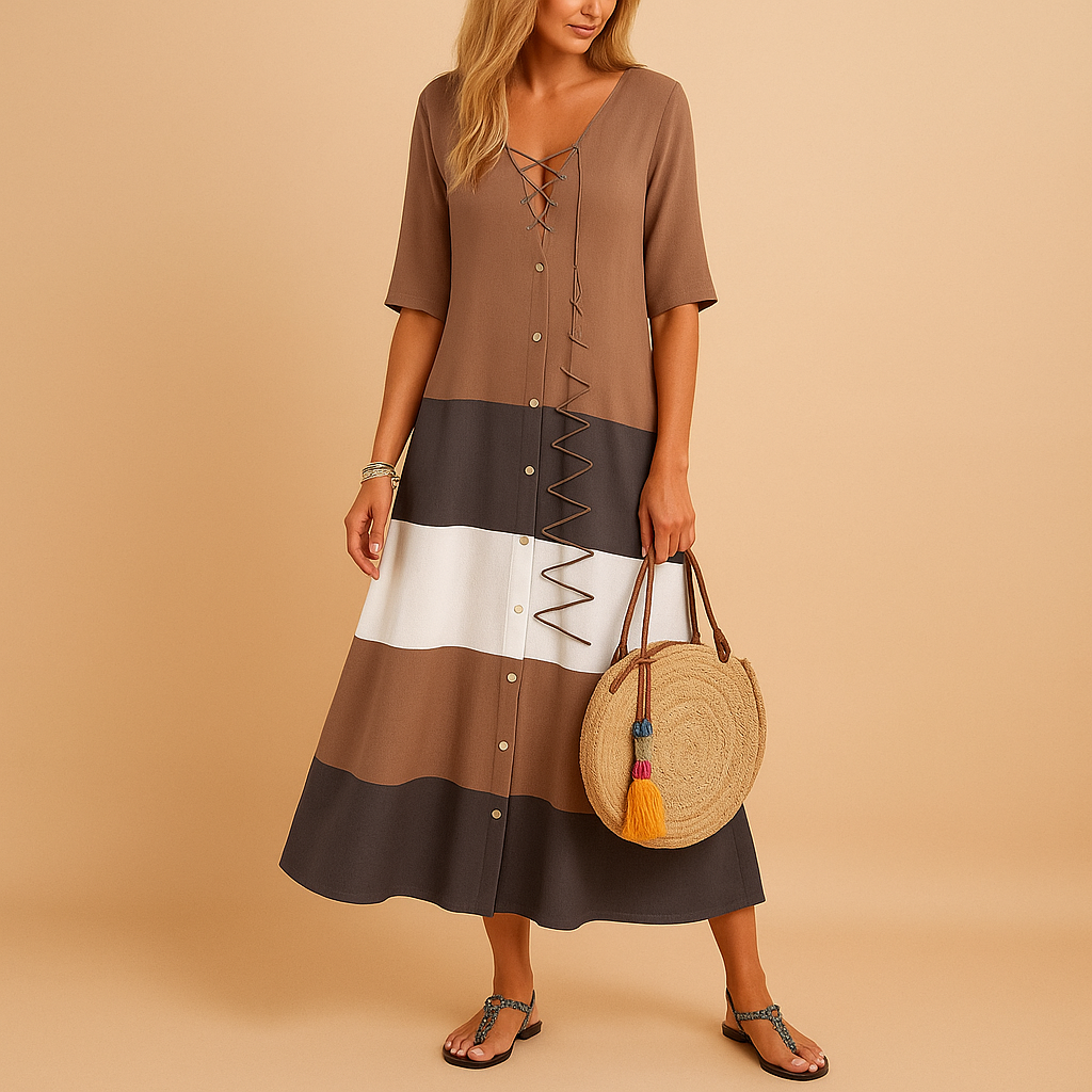 Casual midi jurk voor dames met zig-zag stiksels, middellange mouwen en knoopsluiting, ideaal voor een comfortabele dagelijkse look