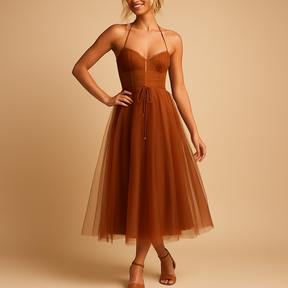 Chiffon maxi-jurk voor dames met tule-overlay, ronde hals en elegante uitstraling, perfect voor bruiloften en formele gelegenheden.