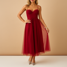 Chiffon maxi-jurk voor dames met tule-overlay, ronde hals en elegante uitstraling, perfect voor bruiloften en formele gelegenheden.