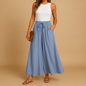Damesbroek met hoge taille en wijde pijpen, elegant ontwerp met elastische band voor comfortabel en stijlvol dagelijks gebruik.