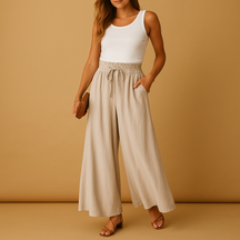 Damesbroek met hoge taille en wijde pijpen, elegant ontwerp met elastische band voor comfortabel en stijlvol dagelijks gebruik.