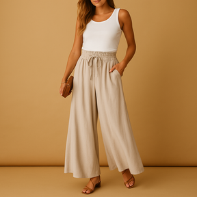 Damesbroek met hoge taille en wijde pijpen, elegant ontwerp met elastische band voor comfortabel en stijlvol dagelijks gebruik.