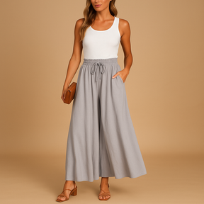 Damesbroek met hoge taille en wijde pijpen, elegant ontwerp met elastische band voor comfortabel en stijlvol dagelijks gebruik.