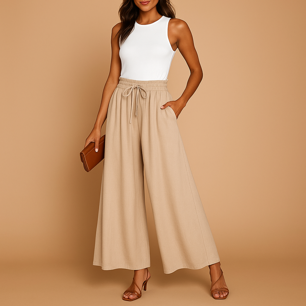 Damesbroek met hoge taille en wijde pijpen, elegant ontwerp met elastische band voor comfortabel en stijlvol dagelijks gebruik.