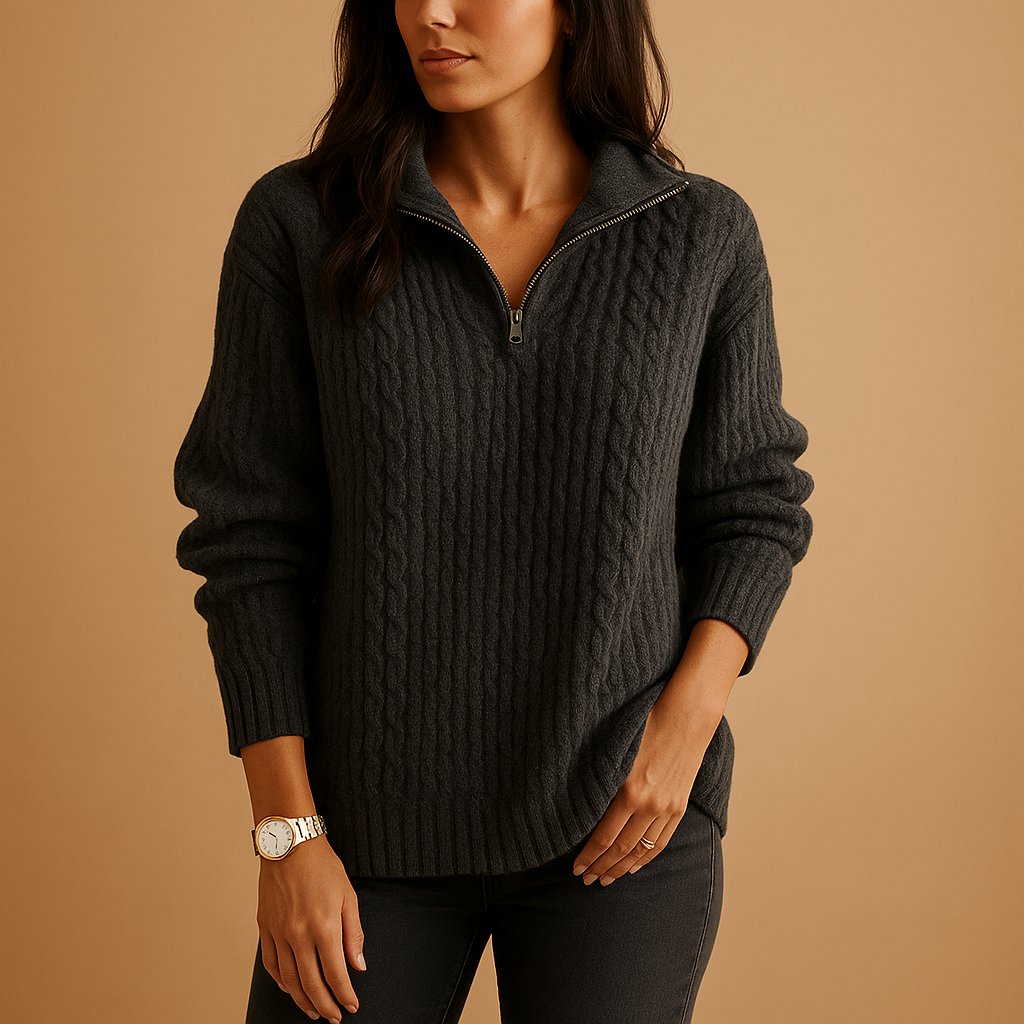 Chique damestrui met halve rits en licht getailleerde pasvorm, ideaal voor casual en nette outfits in elk seizoen.