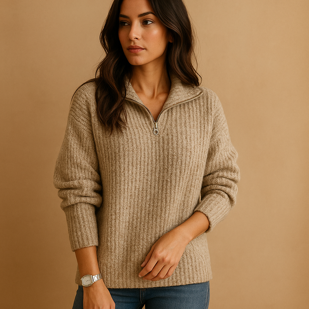 Chique damestrui met halve rits en licht getailleerde pasvorm, ideaal voor casual en nette outfits in elk seizoen.