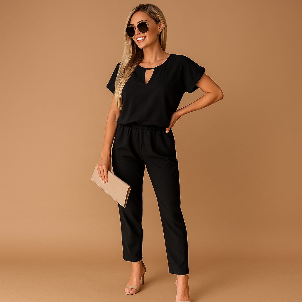 Chique dames jumpsuit met elegante snit en getailleerde pasvorm, perfect voor formele en stijlvolle gelegenheden.
