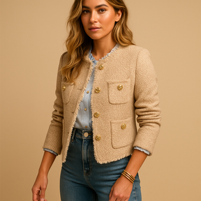 Klassieke tweed blazer jas voor dames met knoopsluiting en kraag, ideaal voor zakelijke en casual chic outfits.