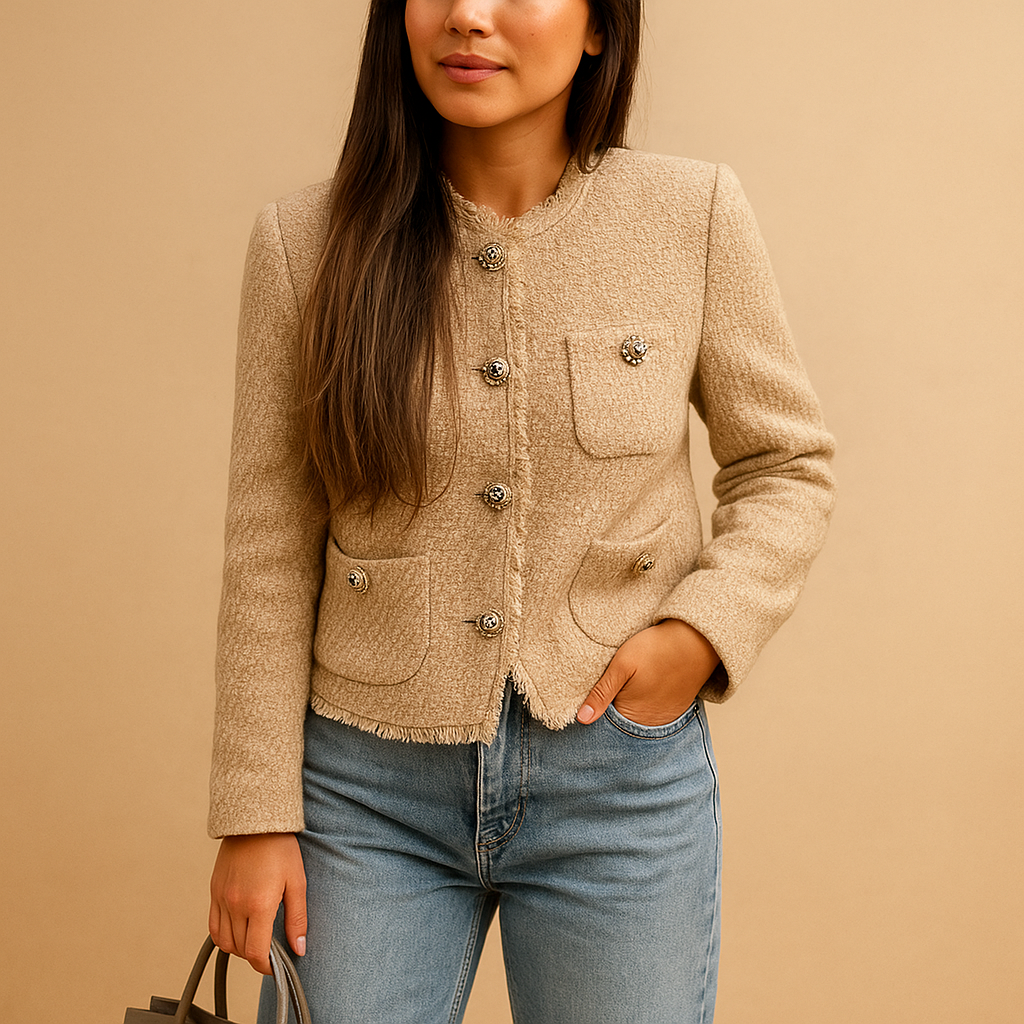 Klassieke tweed blazer jas voor dames met knoopsluiting en kraag, ideaal voor zakelijke en casual chic outfits.