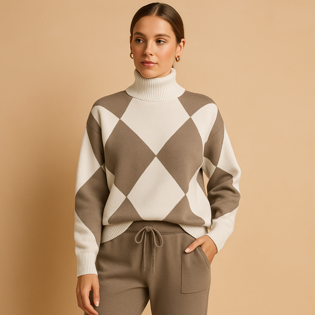 Comfortabel damespak met trui en joggingbroek in ademende stof, ideaal als huispak of casual outfit voor buiten.