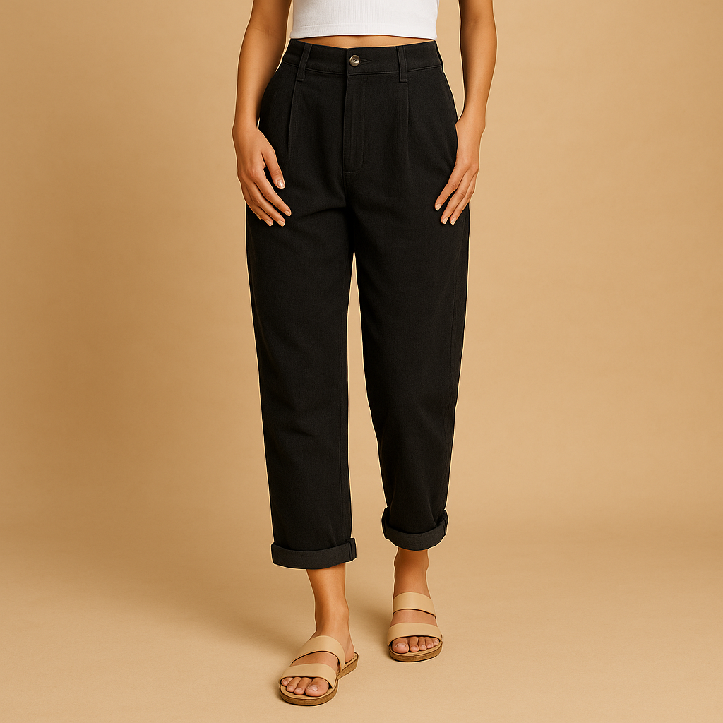 Dames corduroy broek met hoge taille, rechte pijpen en relaxed-fit pasvorm, ideaal voor herfstige dagen en casual chique outfits.