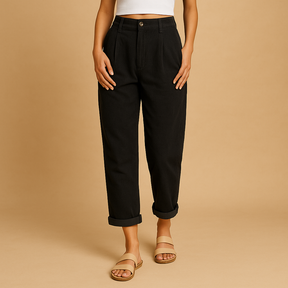 Dames corduroy broek met hoge taille, rechte pijpen en relaxed-fit pasvorm, ideaal voor herfstige dagen en casual chique outfits.