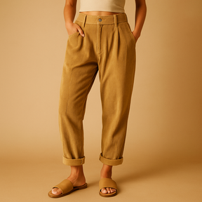 Dames corduroy broek met hoge taille, rechte pijpen en relaxed-fit pasvorm, ideaal voor herfstige dagen en casual chique outfits.