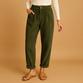 Dames corduroy broek met hoge taille, rechte pijpen en relaxed-fit pasvorm, ideaal voor herfstige dagen en casual chique outfits.