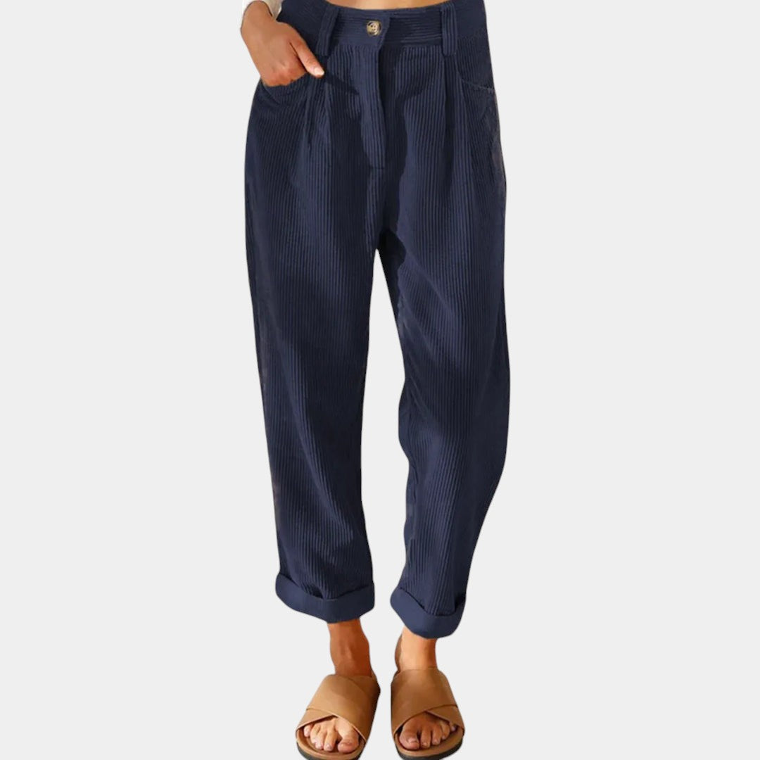 Corduroy broek met hoge taille voor dames in relaxed-fit met rechte pijpen – ideaal voor stijlvolle herfstoutfits.