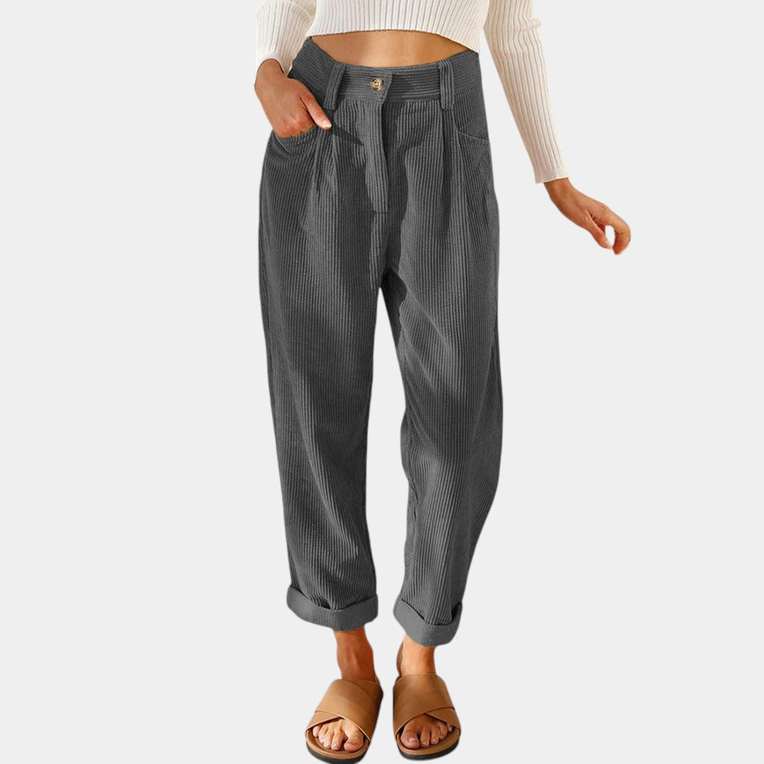 Corduroy broek met hoge taille voor dames in relaxed-fit met rechte pijpen – ideaal voor stijlvolle herfstoutfits.