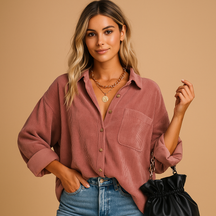 Corduroy gebreid jack voor dames met ribgebreide details en ontspannen pasvorm. Ideaal voor herfst, winter, lente en koele zomeravonden.