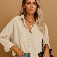 Corduroy gebreid jack voor dames met ribgebreide details en ontspannen pasvorm. Ideaal voor herfst, winter, lente en koele zomeravonden.