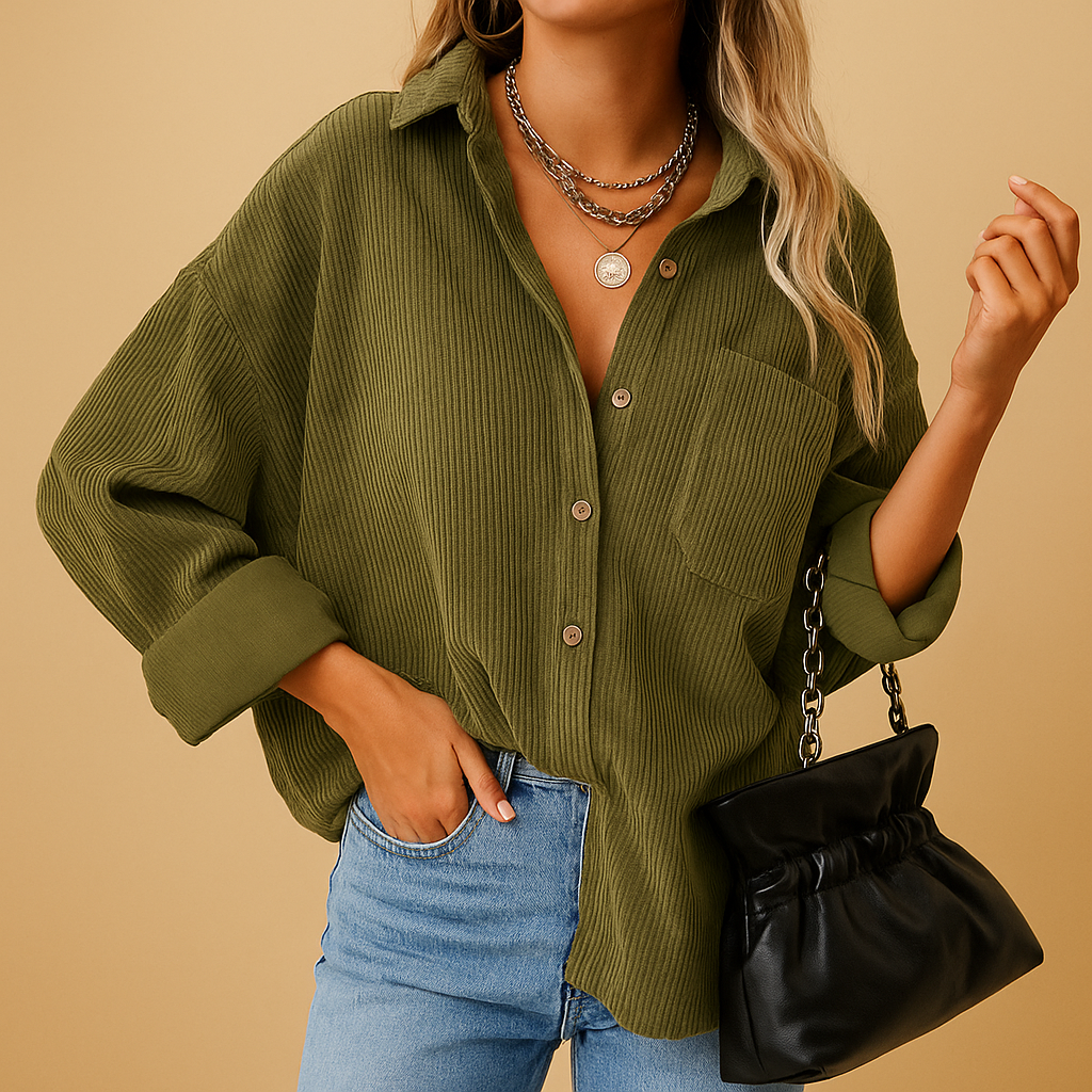 Corduroy gebreid jack voor dames met geribde accenten in aardse seizoenskleuren. Comfortabel, warm en stijlvol voor elk seizoen.