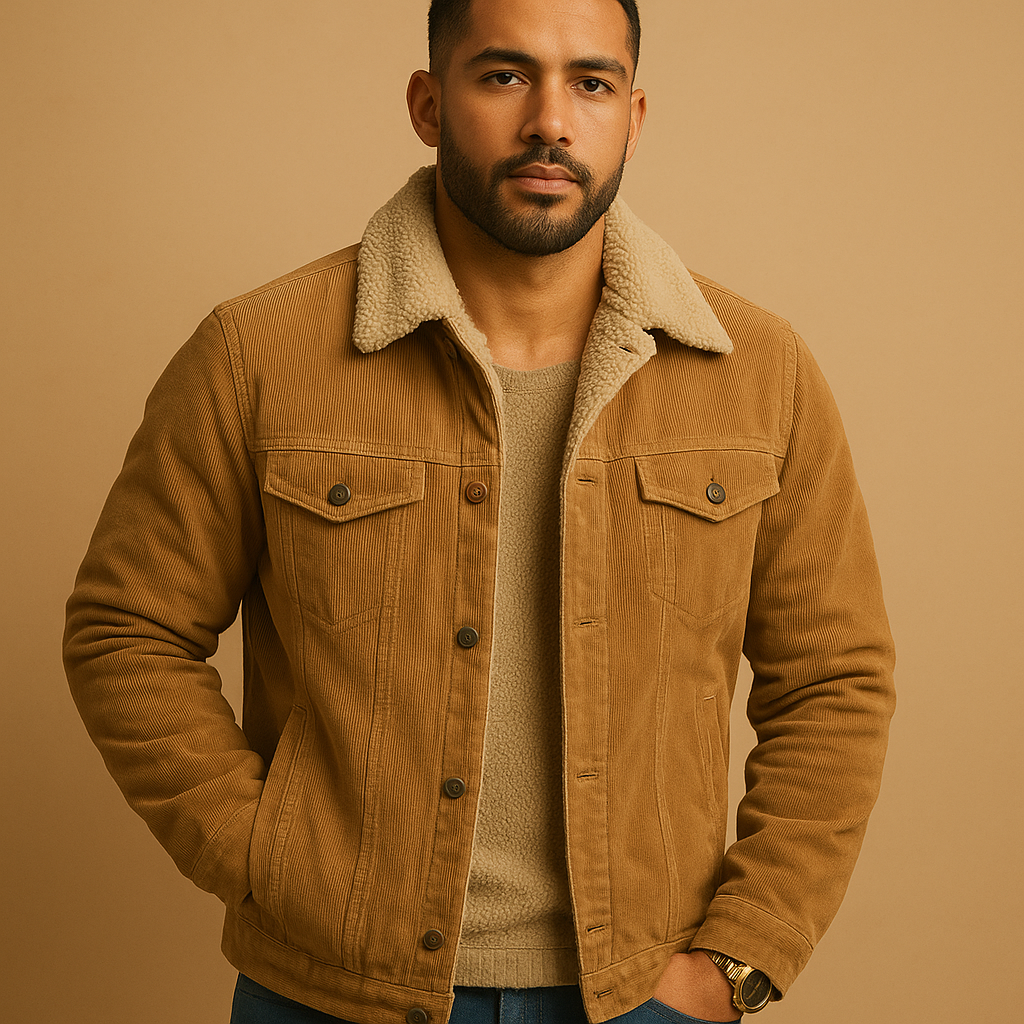 Heren corduroy jas met zachte stof en slanke pasvorm in neutrale kleuren, geschikt voor casual en formele gelegenheden.