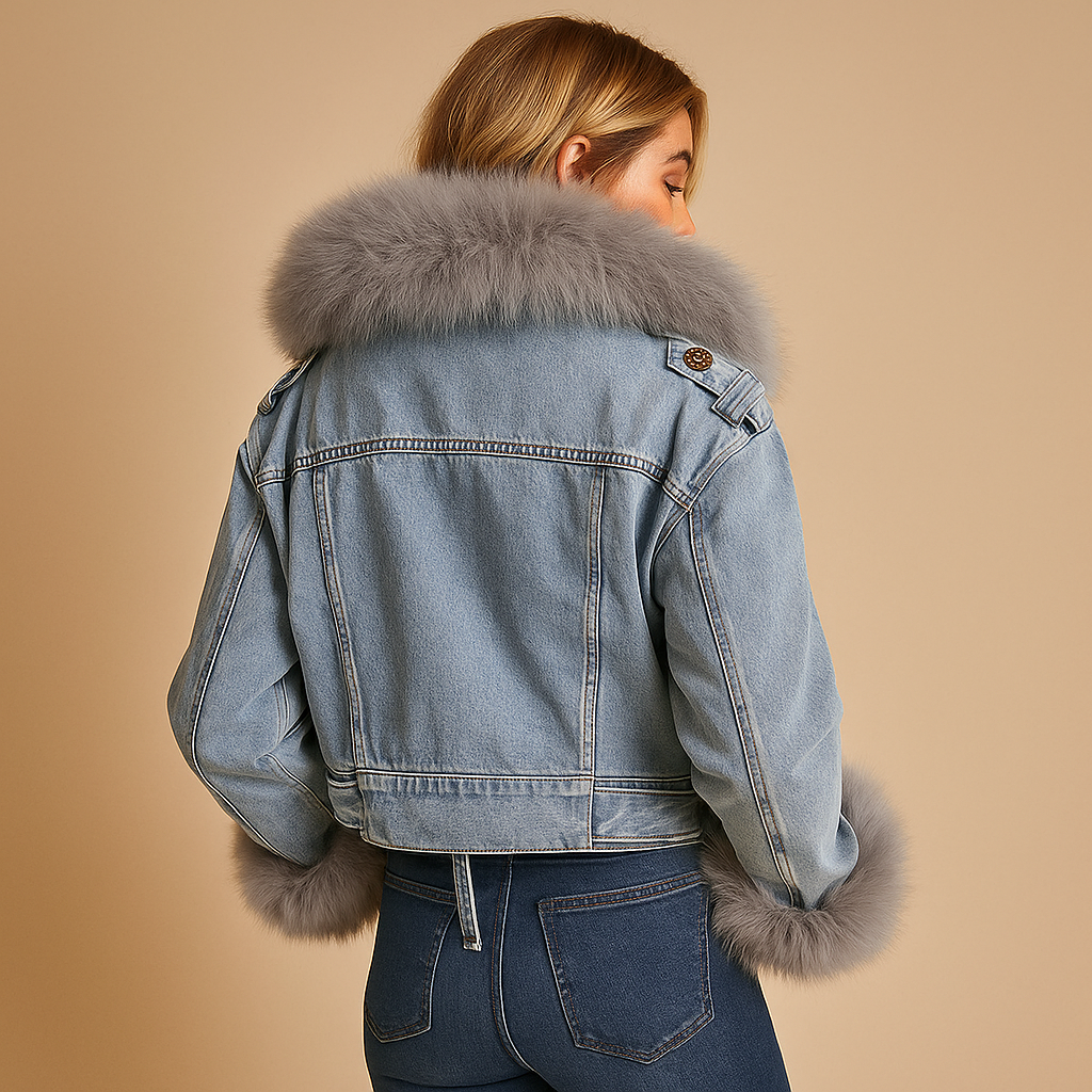 Cropped denim winterjas voor dames met imitatiebontvoering, warme pasvorm en stoere uitstraling. Perfect voor koud weer en dagelijks gebruik.