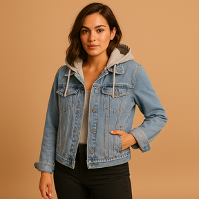 Denim jas met capuchon voor dames, lichtgewicht en ademend, ideaal voor zomeravonden en casual outfits in lichtblauw of donkerblauw.