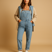 Stijlvolle denim salopette voor dames met verstelbare bandjes en losse pasvorm, perfect voor casual outfits en weekendlooks.