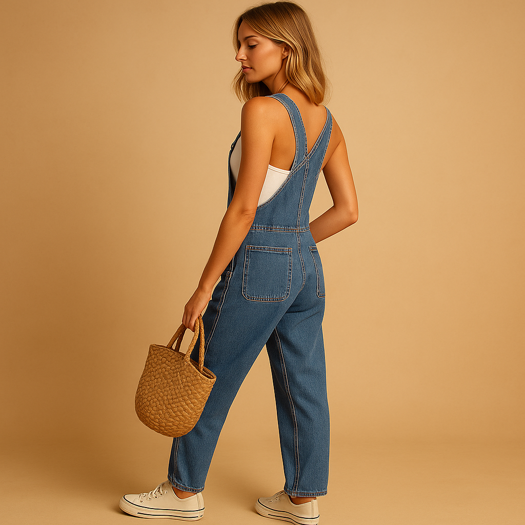Stijlvolle denim salopette voor dames met verstelbare bandjes en losse pasvorm, perfect voor casual outfits en weekendlooks.