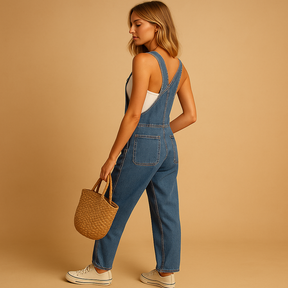 Stijlvolle denim salopette voor dames met verstelbare bandjes en losse pasvorm, perfect voor casual outfits en weekendlooks.