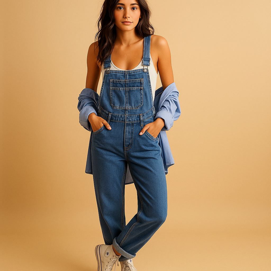 Stijlvolle denim salopette voor dames met verstelbare bandjes en losse pasvorm, perfect voor casual outfits en weekendlooks.