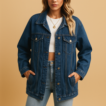 Denim winterjack voor dames in klassiek blauw met knoopsluiting en slanke pasvorm. Ideaal voor dagelijks gebruik, feestelijke avonden en koude winterdagen.