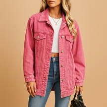 Denim winterjack voor dames in klassiek blauw met knoopsluiting en slanke pasvorm. Ideaal voor dagelijks gebruik, feestelijke avonden en koude winterdagen.