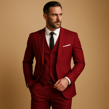 Stijlvol drieledig slim fit herenpak met blazer en broek in zwart, marine of grijs – perfect voor bruiloften en formele gelegenheden.