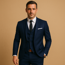 Stijlvol drieledig slim fit herenpak met blazer en broek in zwart, marine of grijs – perfect voor bruiloften en formele gelegenheden.