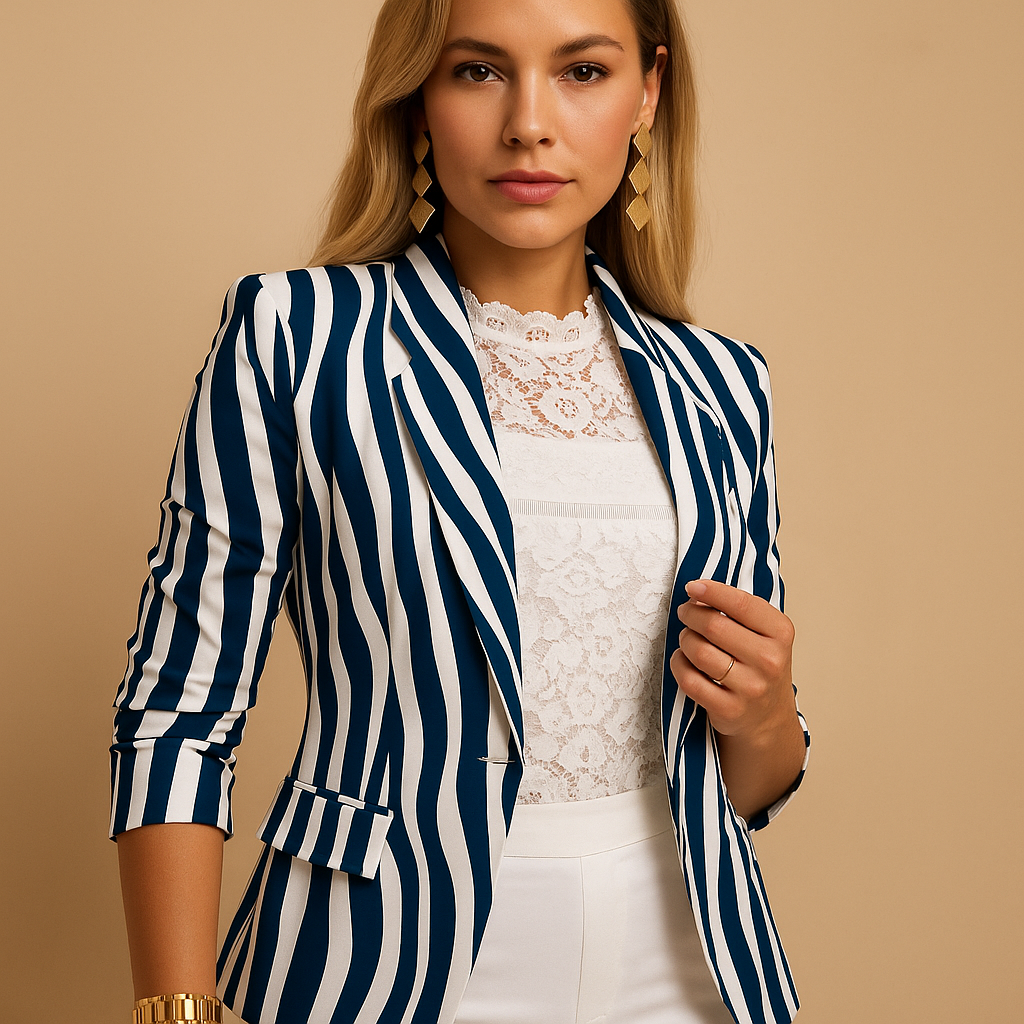 Elegante damesblazer met shawlkraag en opvallende print, geschikt voor zowel zakelijke als casual gelegenheden.