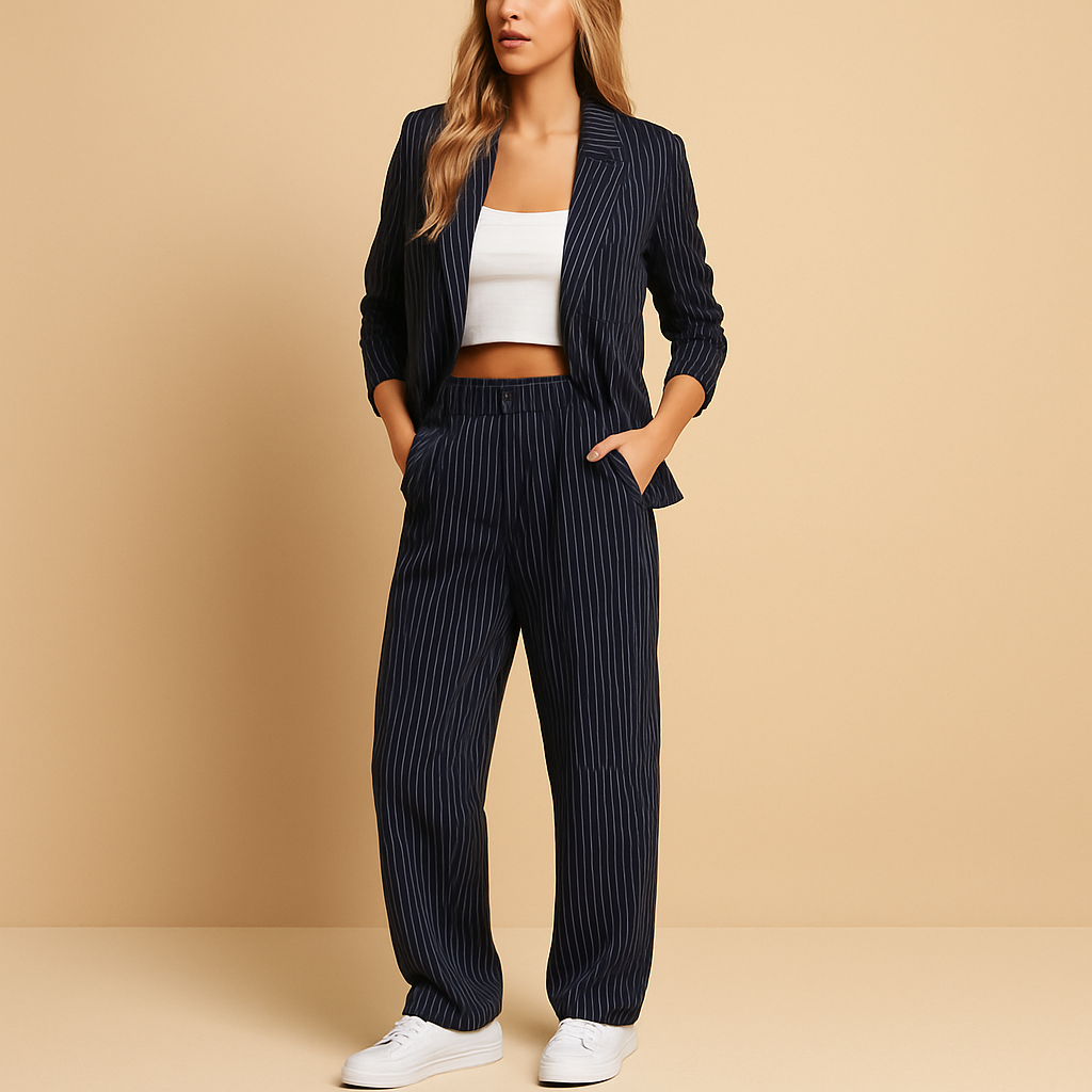 Dames blazer- en broekenset in blauw of grijs, elegant en comfortabel voor formele of casual momenten