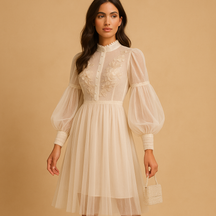 Elegante dames bloemenjurk met opstaande kraag, hoge taille en lantaarnmouwen, perfect voor formele en casual gelegenheden.