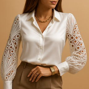 Elegante dames blouse met kanten mouwen en klassieke kraag, ideaal voor werk, formele gelegenheden en avondjes uit.
