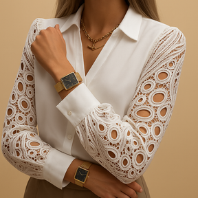 Elegante dames blouse met kanten mouwen en klassieke kraag, ideaal voor werk, formele gelegenheden en avondjes uit.