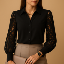 Elegante dames blouse met kanten mouwen en klassieke kraag, ideaal voor werk, formele gelegenheden en avondjes uit.