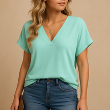 Dames blouse met V-hals en korte pofmouwen, luchtig en comfortabel ontwerp geschikt voor werk en vrije tijd